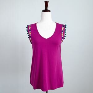 Cruel Girl Western Bohemian Pompom Embroidered Pink Sleeveless Top NWT